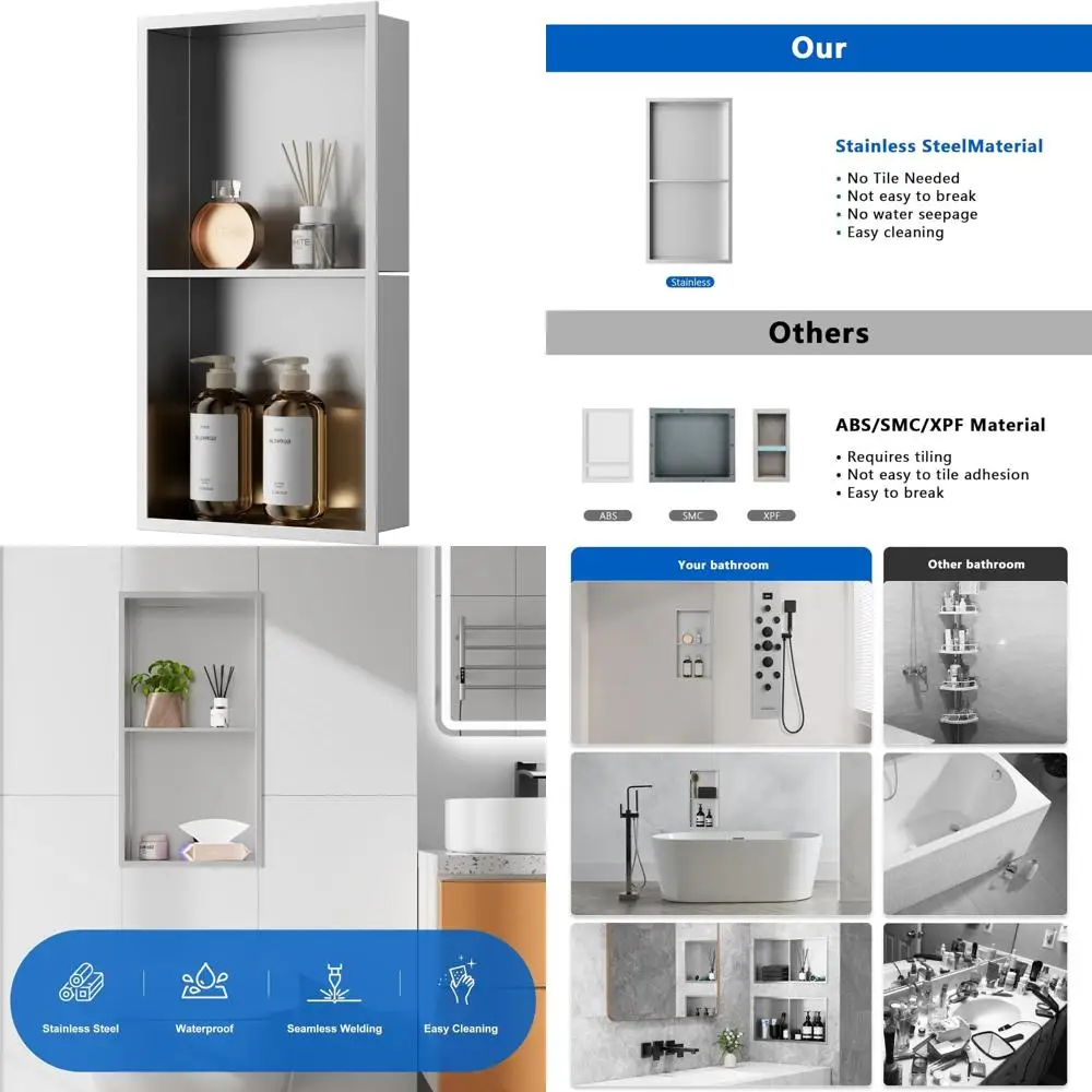 

Stainless Steel Shower Niche, 24x12 Recessed Wall Shelf, No Tile Required for Bathroom Storage