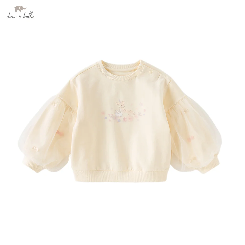 Dave Bella Autumn Children's Hoodie Sweet Cute Cartoon Rabbit Print Girls' Mesh Long Sleeves Sweatshirt Top Gentle DB3252848