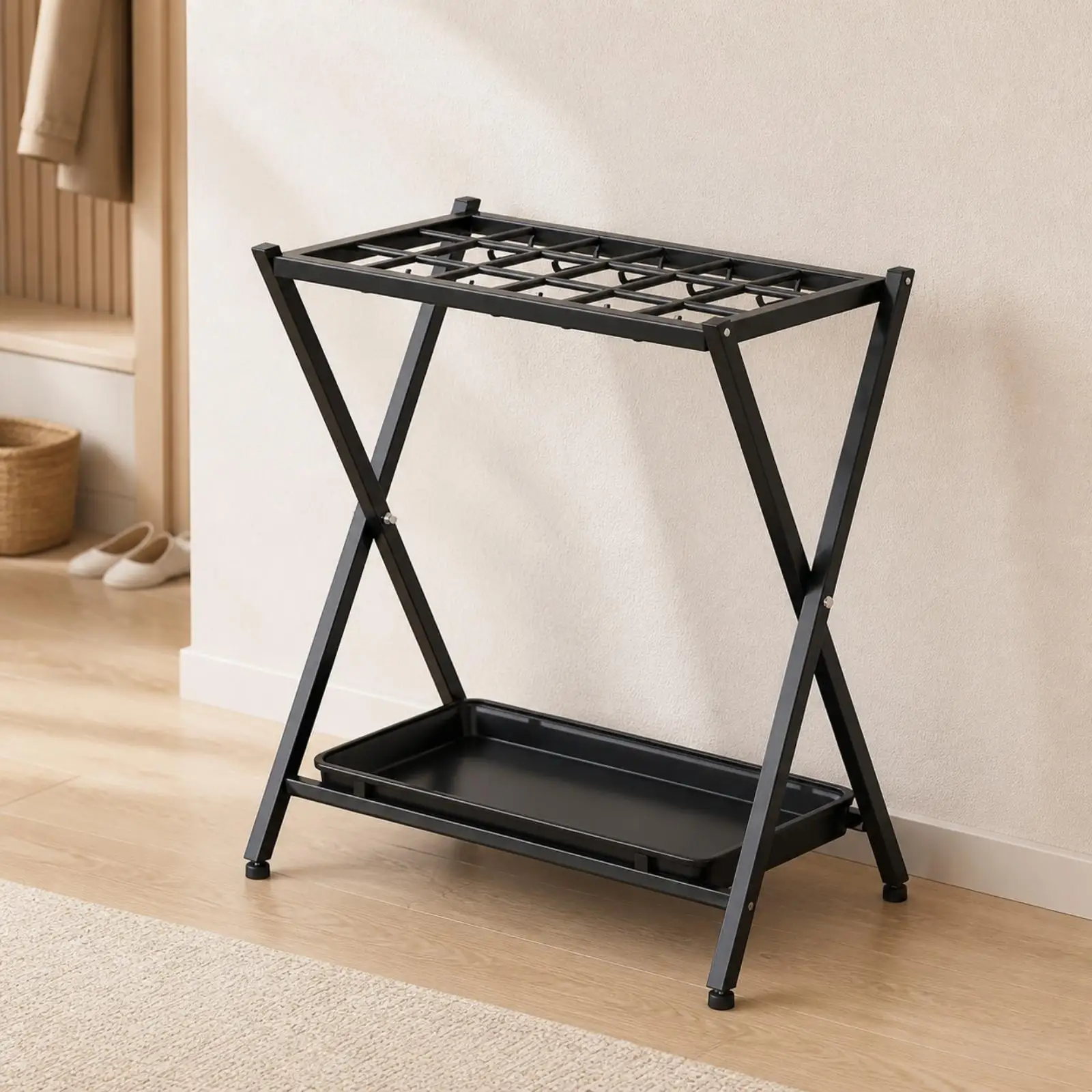 Freestanding Equipment Rack for Ski Poles Fishing Rods and Long Tools Iron Art Frame with Slots and Hooks