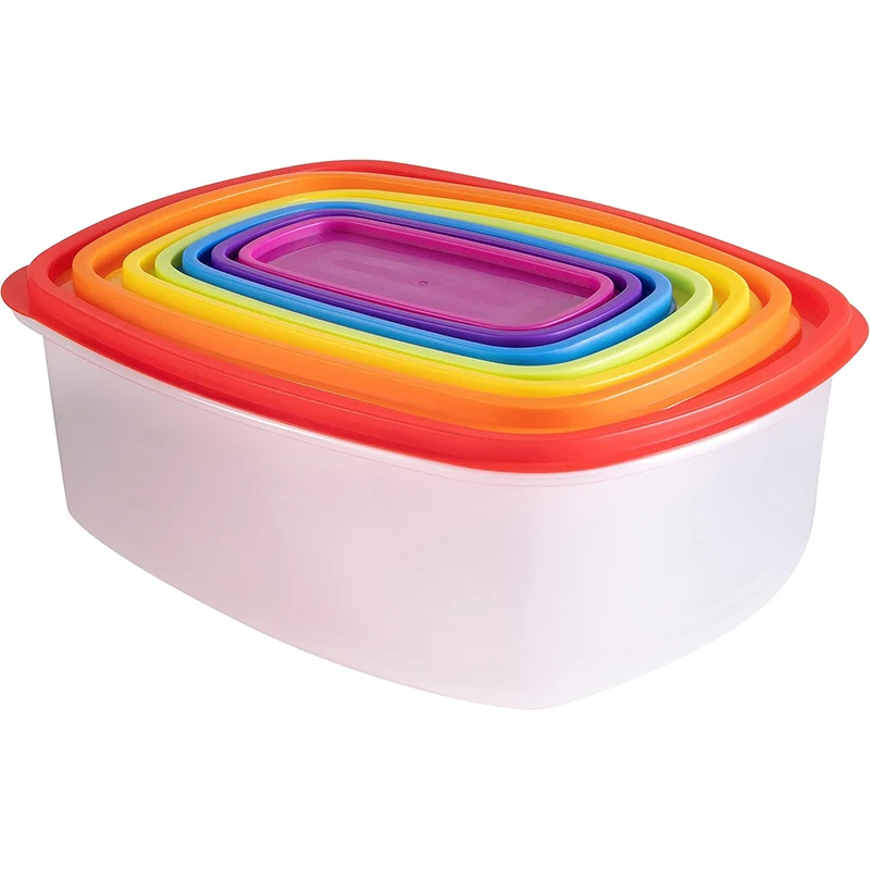 

7pcs-Rectangular Shape Plastic Rainbow Food Storage Bowl with Lids Rapid-Access Kitchen Bowls