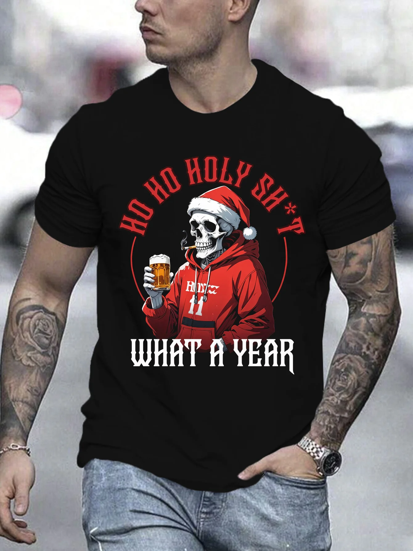 Men's Christmas Cool Skeleton What a Year Printed T-Shirt Micro Stretch Short Sleeve Round Neck T-Shirt Summer Outdoor Clothing