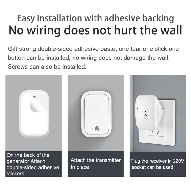 ABFN-Home جرس باب مقاوم للماء بدون بطارية 3 مستويات حجم 38 أغنية مناسبة للمنزل/المكتب/الفصول الدراسية قابس الولايات المتحدة