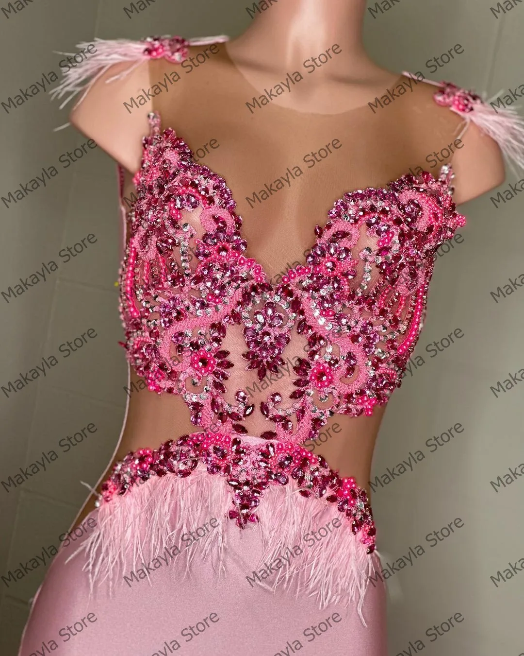 Vestido de fiesta de sirena rosa con cuentas brillantes, vestido de noche Formal de encaje con lentejuelas y tren, plumas sexis, vestidos para ocasiones especiales