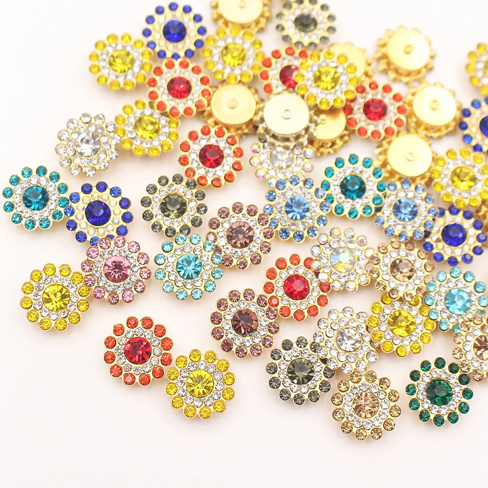 

Sewed sun flower claw rhinestone 14mm flat back round shiny crystal stone matte gold base sewed clothes