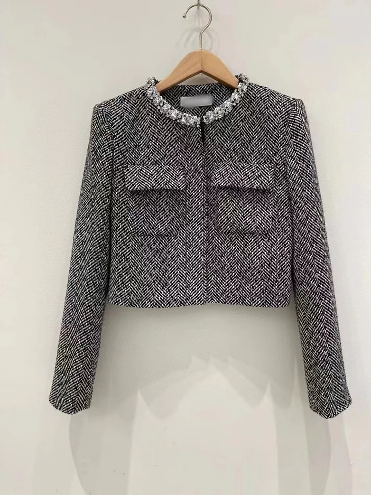 Fall Winter New Fashion Diamond Decoration Black white Tweed Set Women Temperament O-neck Jacket Coat or Mini A-line Skirt 2024