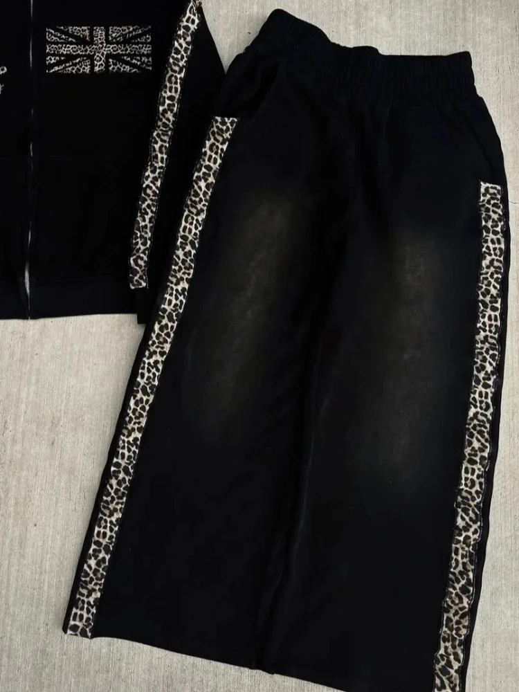 Dark Goth Made Old Fashion Leopard Stripe Stitching Harajuku Pants Autumn Winter Couple American Hip Hop Loose Straight Trousers