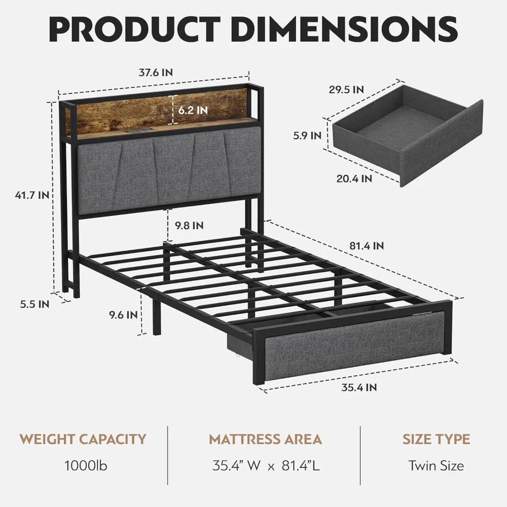 Bed Frame with Headboard and Storage, Platform Bed Frame with Drawers Storage Chargin Station LED Light,Grey