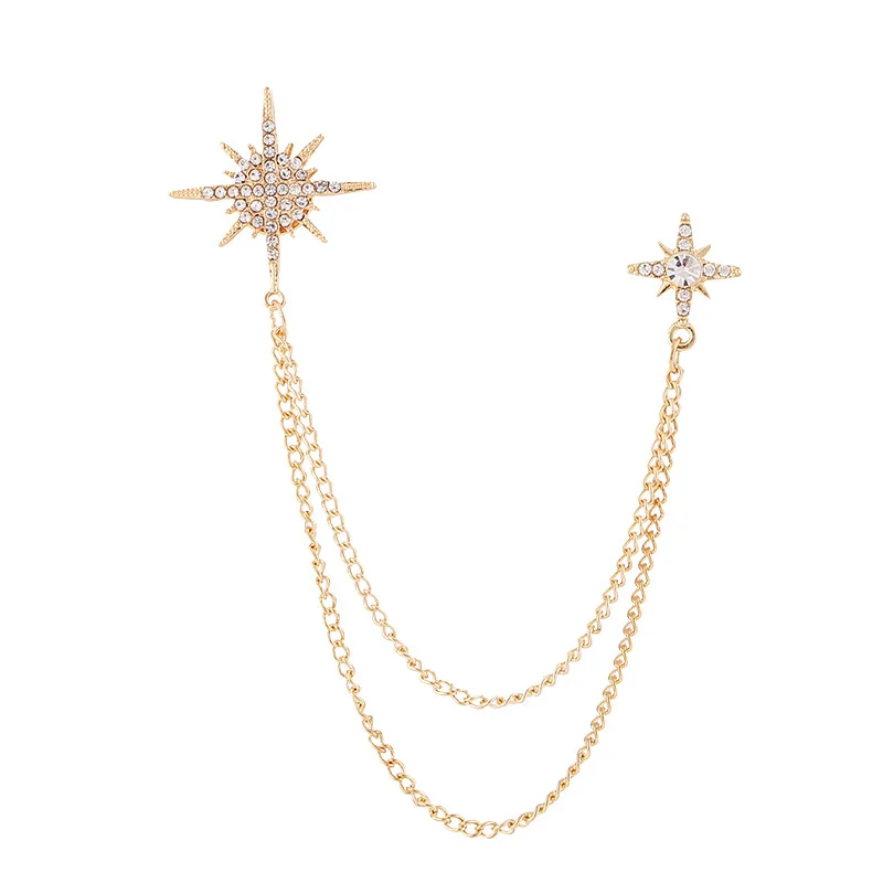 Korean Crystal Crown Brooch Star Tassel Chain Rhinestone Lapel Pins Men\'s Shirt Suit Collar Wedding Party Badge Accessories
