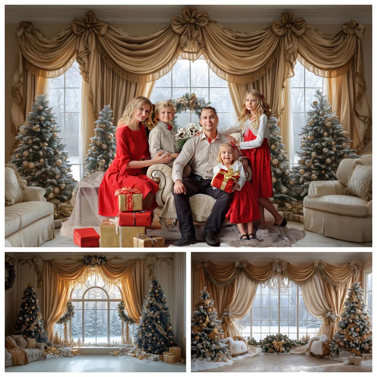 Indoor Christmas Photography Backdrop Window Custains Sofa Christmas Tree Party Decor Background Kid Family Portrait Photo Props