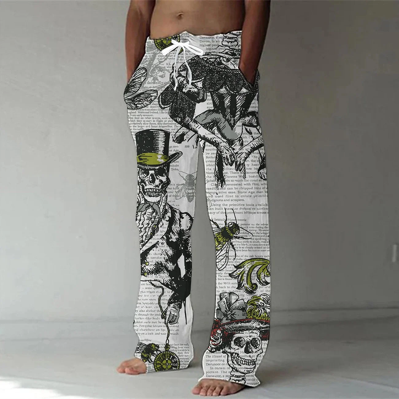 Thrilling Skull Eyes Printed Basic Casual Loose Pants For Men\'s New Summer Beach Travel Personalized Straight Leg Pants WR6