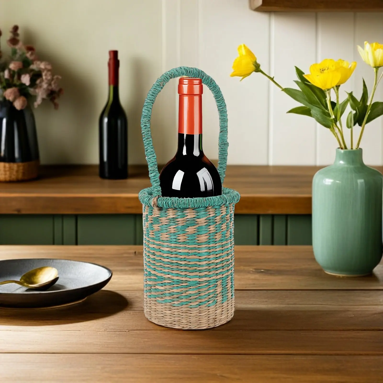 Cylinder Seagrass Basket Handwoven Tall Storage Basket with Handles for Wine Presentation Home Organization Decorative Gift Use view 5
