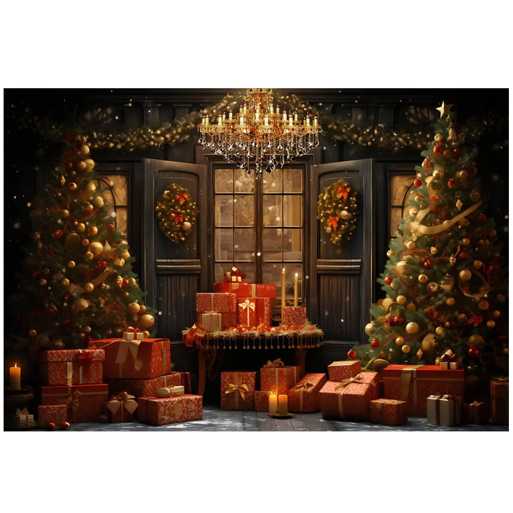 Mocsicka Tło świąteczne Drewniane drzwi Choinka Dzwonek Prezenty Portret rodzinny Tło Dzieci Wewnętrzne Rekwizyty fotograficzne Studio fotograficzne