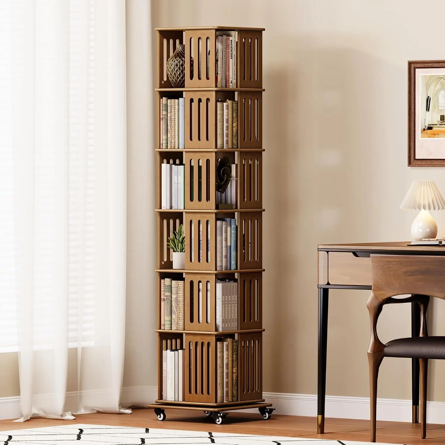 6-Tier Rotating Wooden Bookshelf with Wheels, 360° Spinning Storage Display for Living Room & Home Office, Walnut, Customized