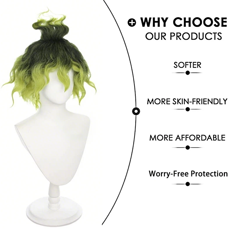 30cm Black Green Ombre Short Curly Cosplay Wig with Top Knot Spiky Fluffy Anime Heat Resistant Wig For Halloween Comic Con Party