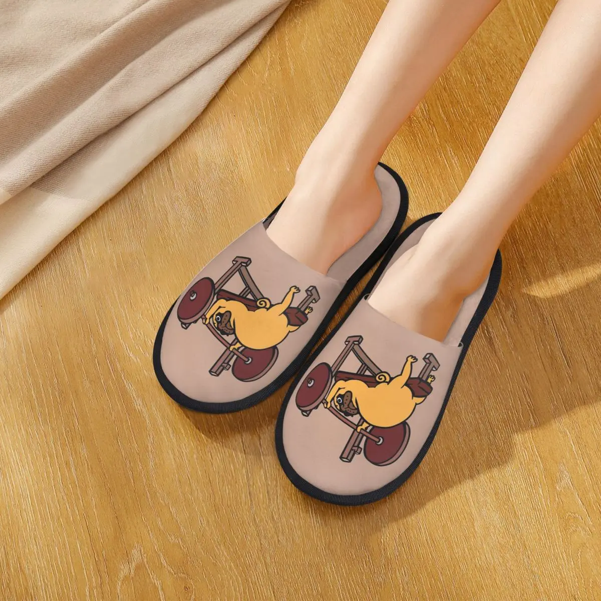Custom Pug Bench Press Slippers Memory Foam Warm Soft Women House Slipper Bedroom Fluffy Shoes