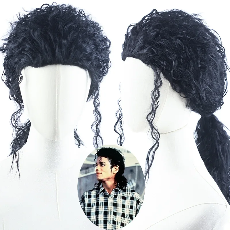 MJ مايكل تأثيري شعر مستعار أسود جاكسون مايكل دور اللعب متوسطة طويلة مجعد شعر أسود ضفيرة شعر مستعار هالوين كوس الباروكات + قبعة شعر مستعار