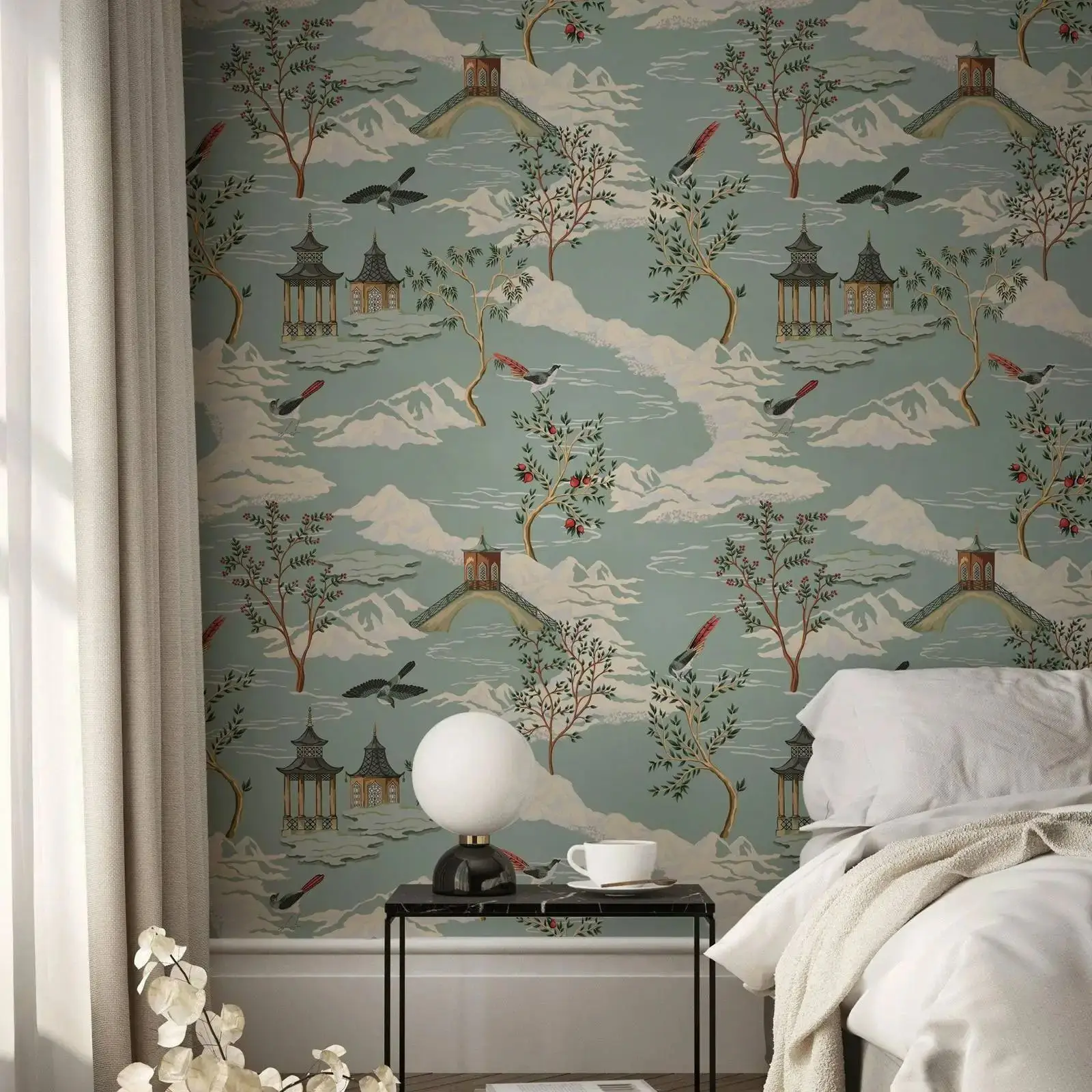 

Обои с мистической горной, настенная роспись с пагодами для домашнего декора, восточный рулон обоев Serenity Peel and Stick, китайское настенное искусство