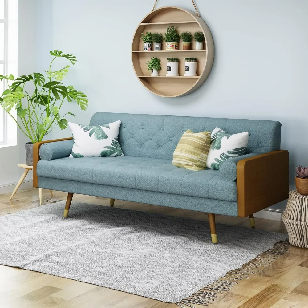 Living Room Sofas Mid Century Modern Tufted Fabric Sofa, Blue Couch Sofas