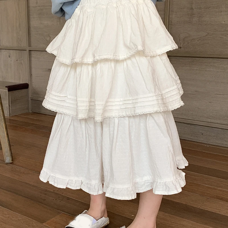 2024 Spring Girl Versatile White Skirt Korean Style Autumn Princess Layered Lace Edge Spliced Jacquard Mid Length Cake Skirt