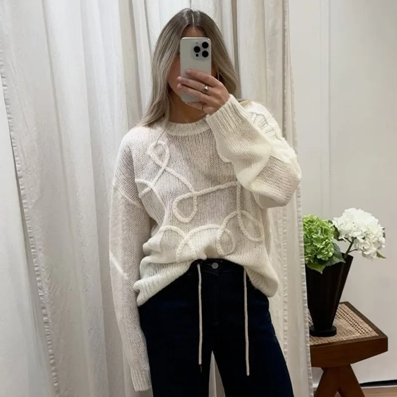 Trendix Winter Pink Knit Pullover For Women Fashion Embroidery O Neck Long Sleeve Sweater Street Loose Casual Knitwear Pullovers