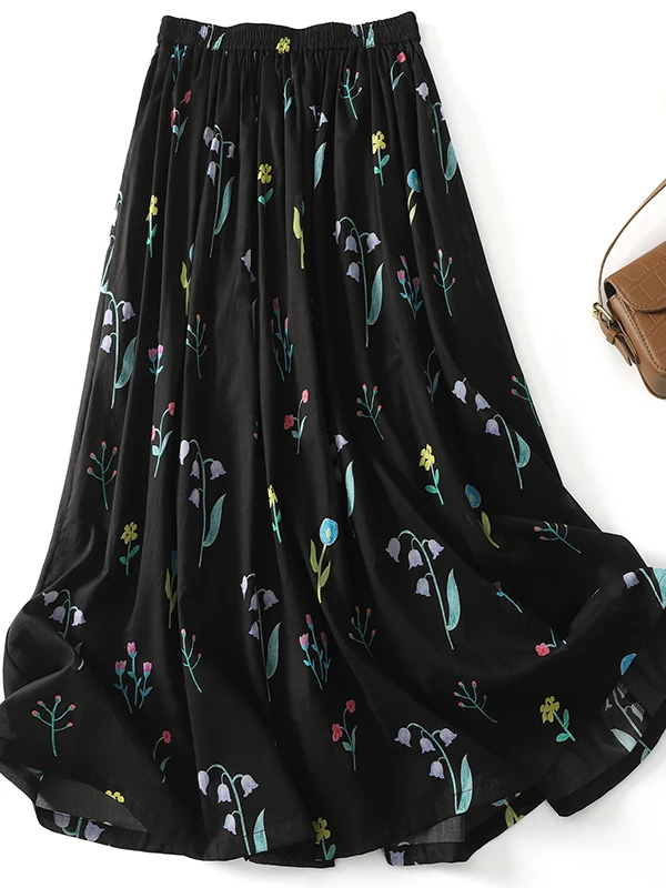 2025年夏 ソフトで薄いAラインミディスカート カスタム染色精密紡績綿 ミッドウエストフレアスカート 花柄