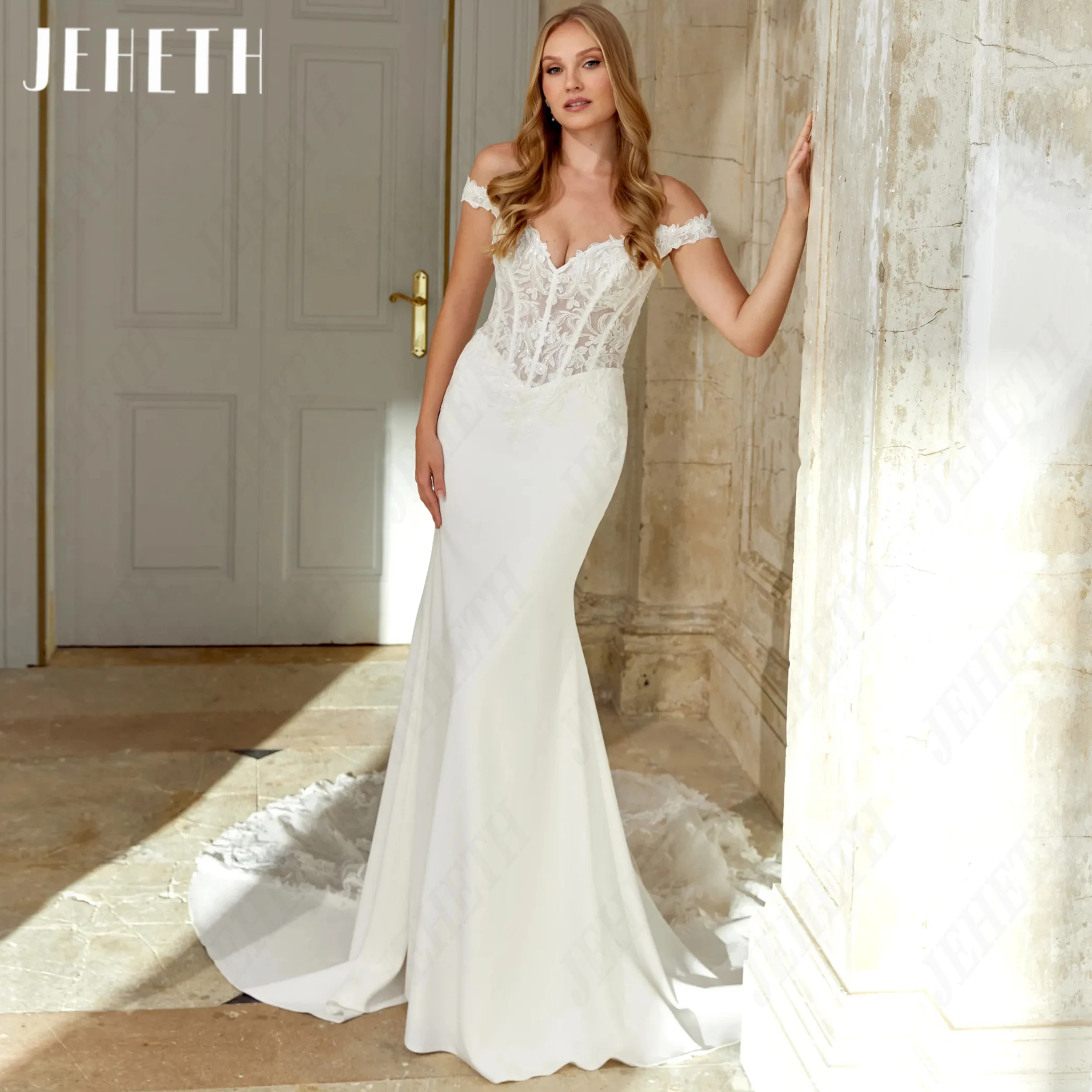 JEHETH Customized Lace Applique Illusion Wedding Dress Sheath Off Shoulder Formal Bride Gown Mermaid Sleeveless Bridal Dresses