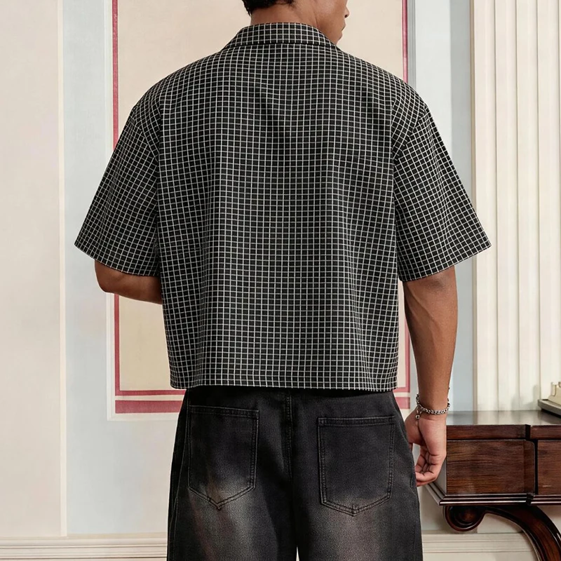 Vintage Button-up Turn-down Collar Short Shirts Men Summer Casual Plaid Printed Shirt Tops Mens Trendy Cropped Shirt Streetwear