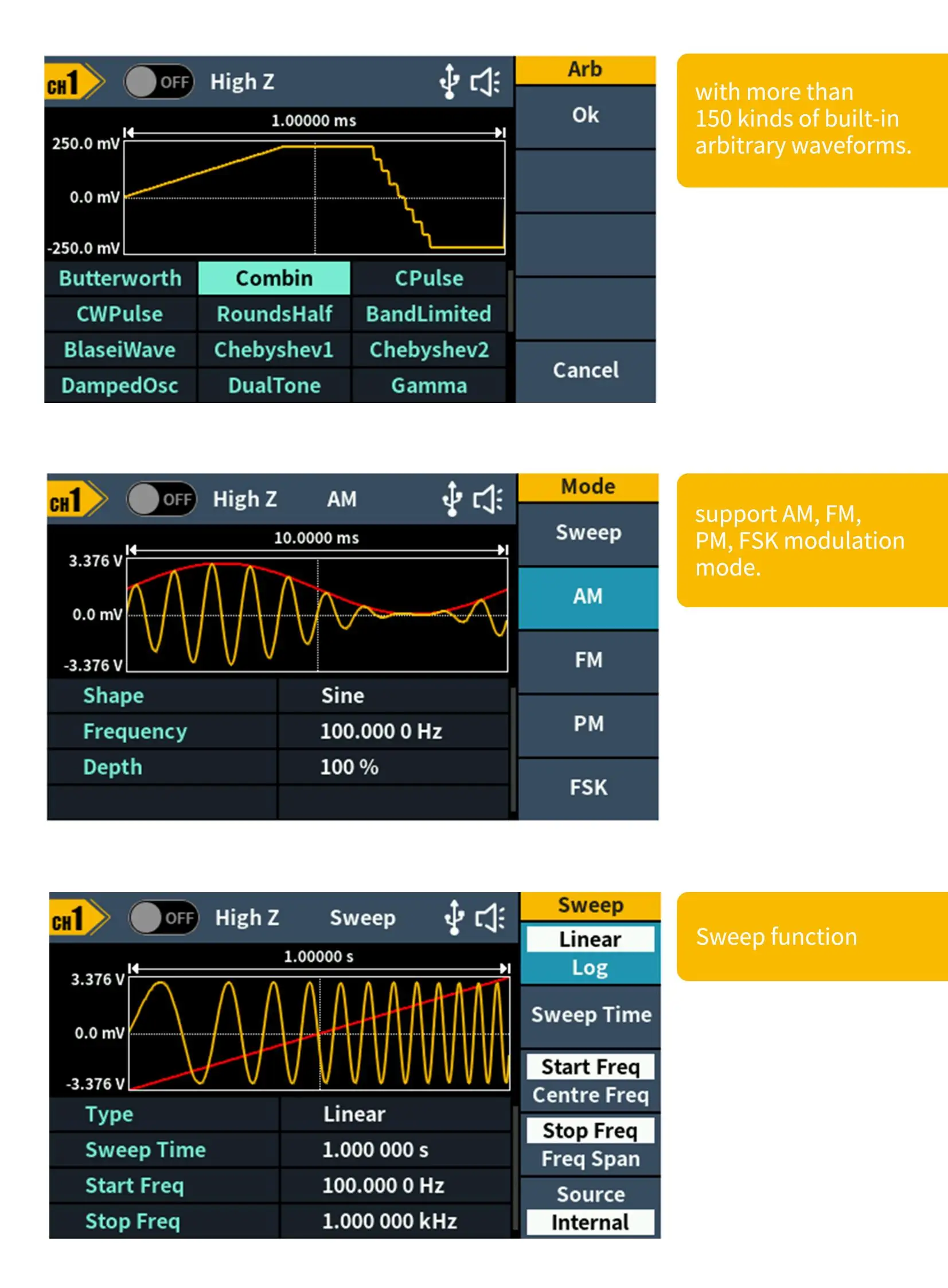 OWON DGE1060 signal generator 60MHz, 300 MSa/s function generator, 14