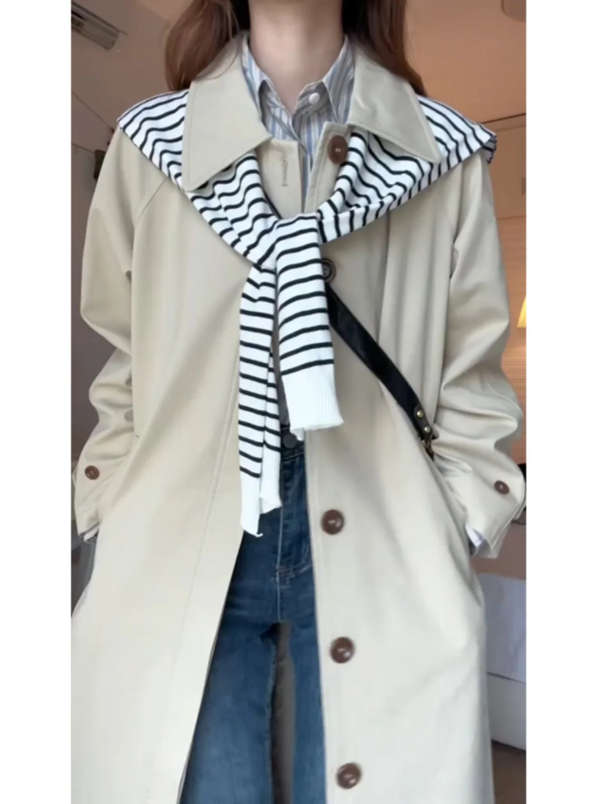 

Women Trench Coat Turn-Down Decoration Large Wrinkled Gradient Early Elastic Fiber Comfortable Cinched Splice Selling Breathable