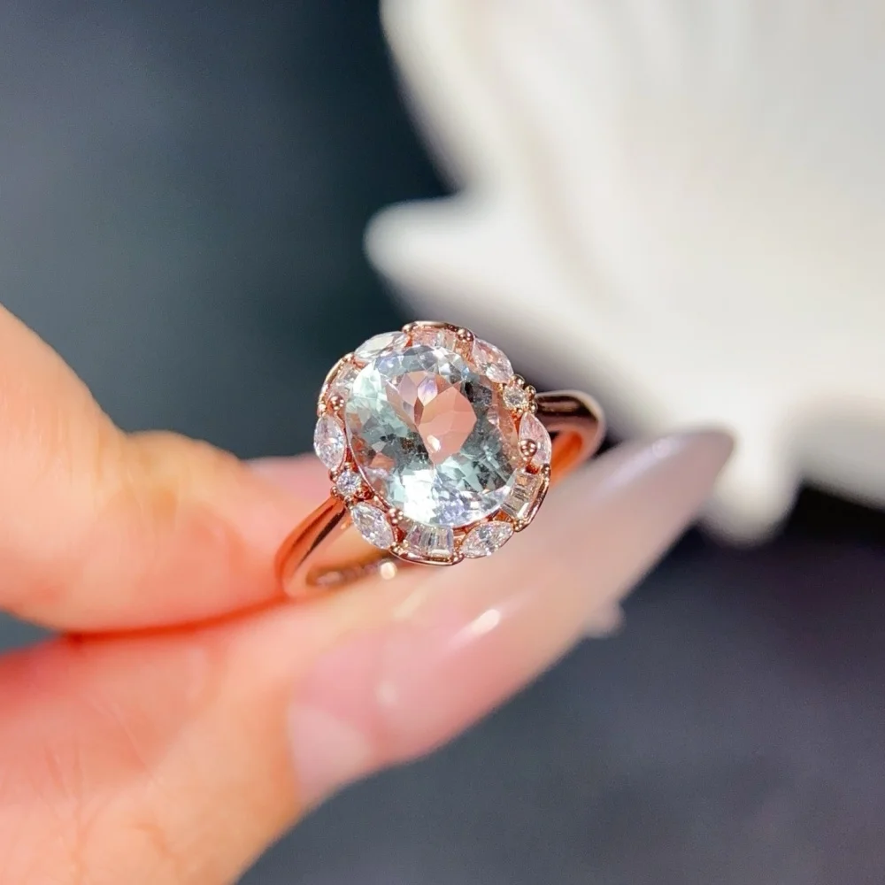 S925 8×10mm Sterling Silver Natural Aquamarine Gemstone Ring for Women Fashion Healing Jewelry Stylish Accessory Sweet Gift