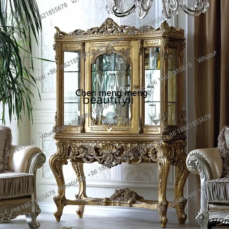 European wine cabinet living room retro old wine cabinet solid wood carving flower villa living room against the wall high