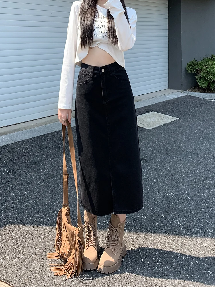 

High Waist A-Line Midi Skirt with Front Slit Design Jeans Women's Autumn Slimming Denim Skirts Cotton Blend Mid-Length Skirts