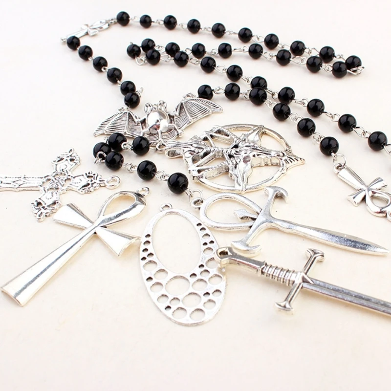 

Ankh Black Beads Bat Necklace Punk Cool Long Rosary Beaded Necklace Drop shipping