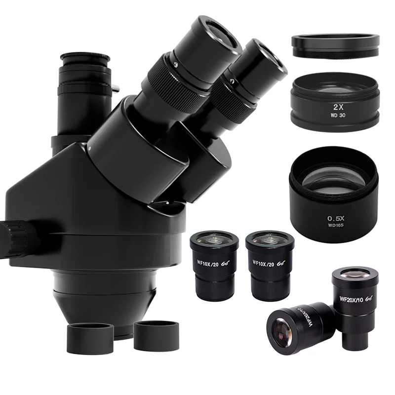 Kailiwei 7X-45X 3.5X-90X 180X  Simul-Focal Trinocular Zoom Stereo Microscope Head 0.5X 0.7X 2.0X Auxiliary Barlow Objective Lens