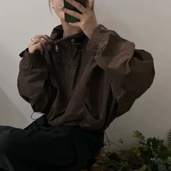 Deeptown-Veste courte à capuche de style coréen pour femme, coupe-vent, fermeture éclair, streetwear vintage, vestes chics, vêtements d'extérieur d'automne, Kpop, 2023