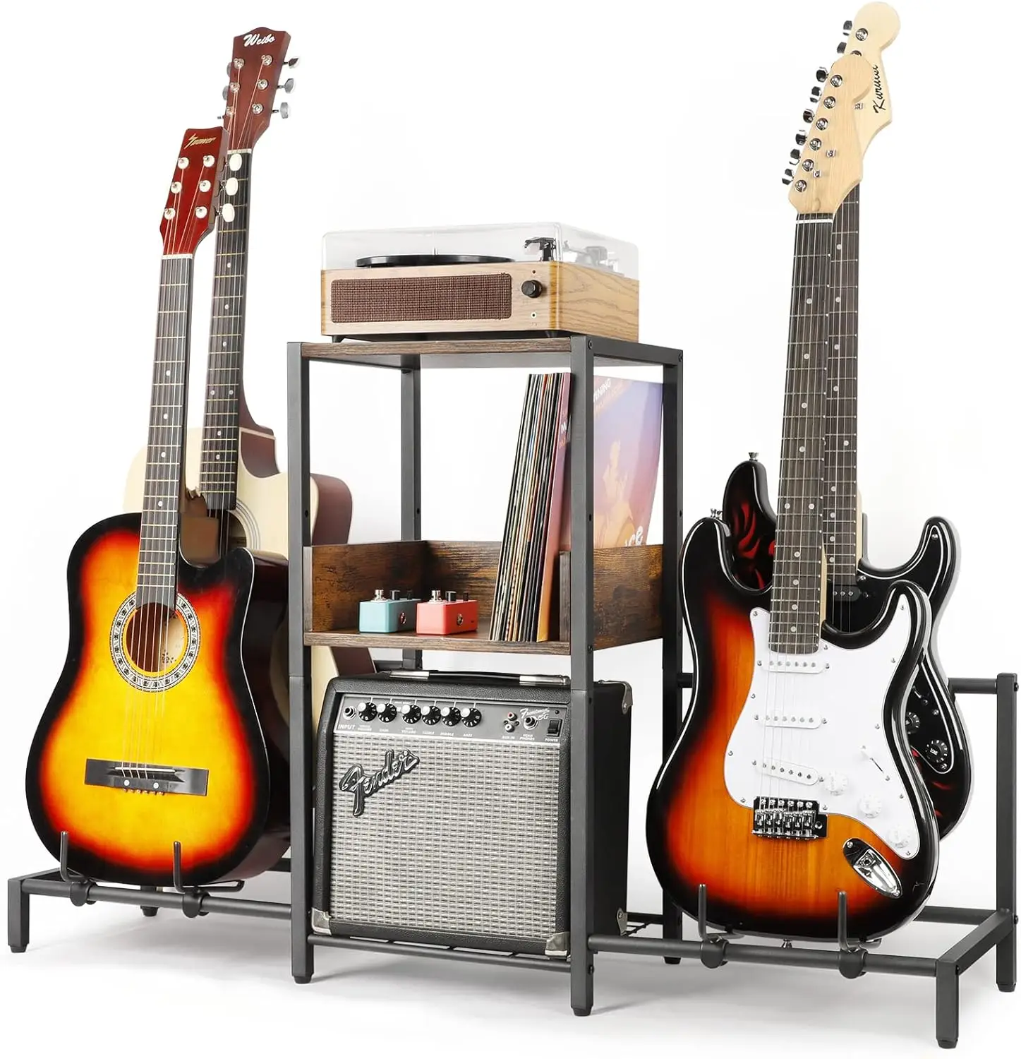 

4 Guitar Stand with Amp & Vinyl Storage - Adjustable Floor Rack for Acoustic, Electric, Bass, Ukulele