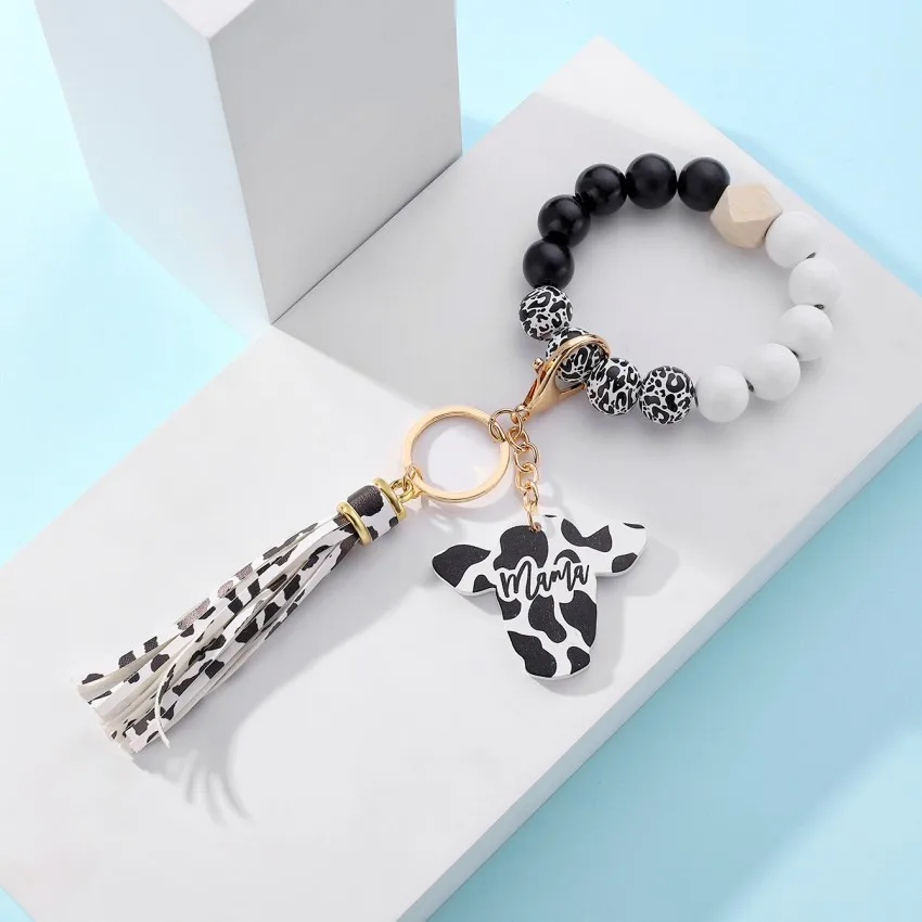 New European and American Tassel Wood Beads Keychain Cow Wood Tag Pendant Bracelet Pendant Creative Gift Cute Keychain