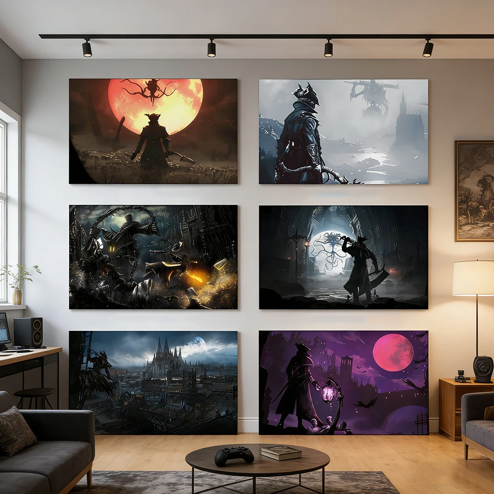Classic Game Bloodborne Canvas Wall Art Print Hunter Game Poster Gothic Dark Fantasy Gamer Boy Room Bedroom Aesthetic Home Decor