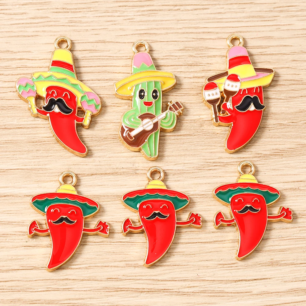 Tusember 10 piezas de dijes de chile rojo para festival mexicano, con diseños de guitarra, cactus y sombrero, para manualidades y creación de joyas DIY