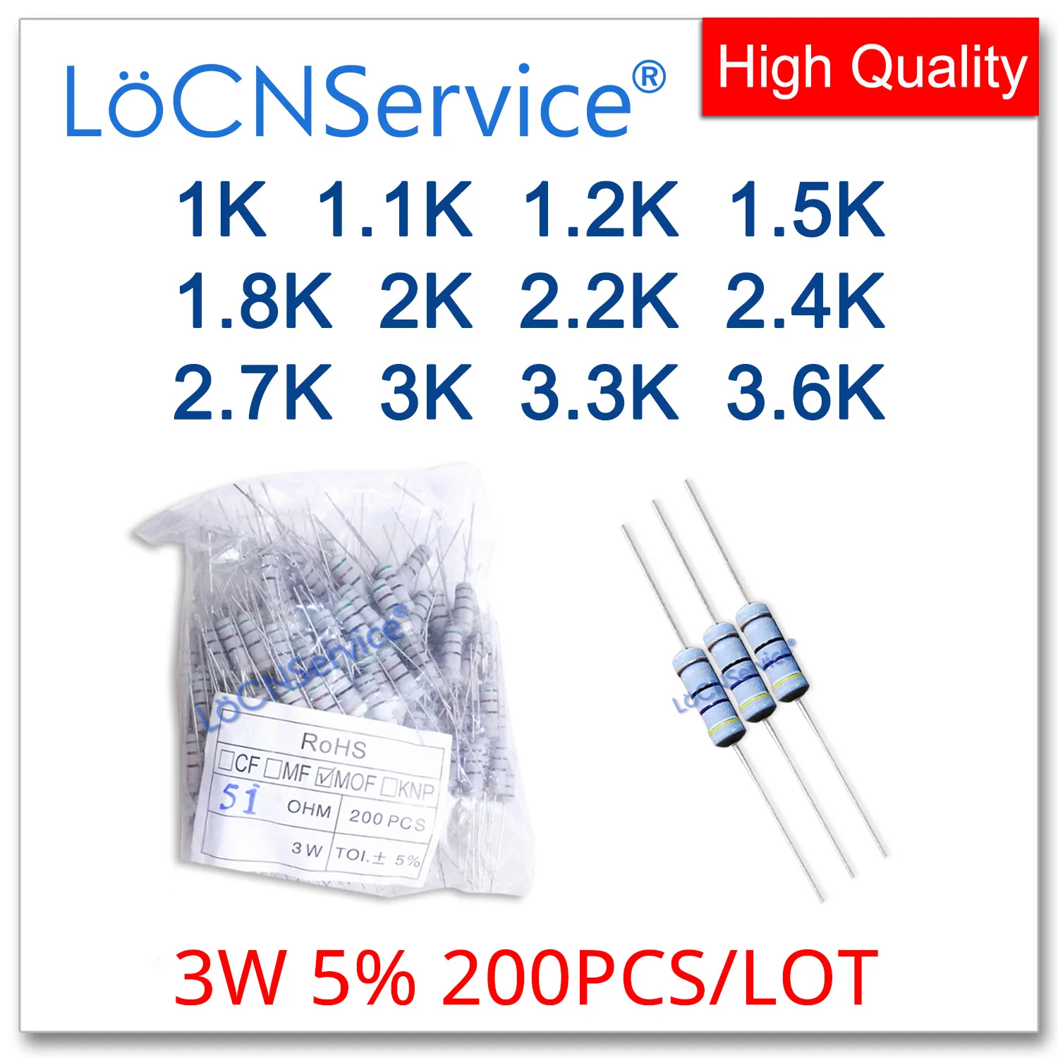 LoCNService 200PCS/LOT 5% 3W 1K 1.1K 1.2K 1.5K 1.8K 2K 2.2K 2.4K 2.7K 3K 3.3K 3.6K Carbon Film Resistor DIP OHM