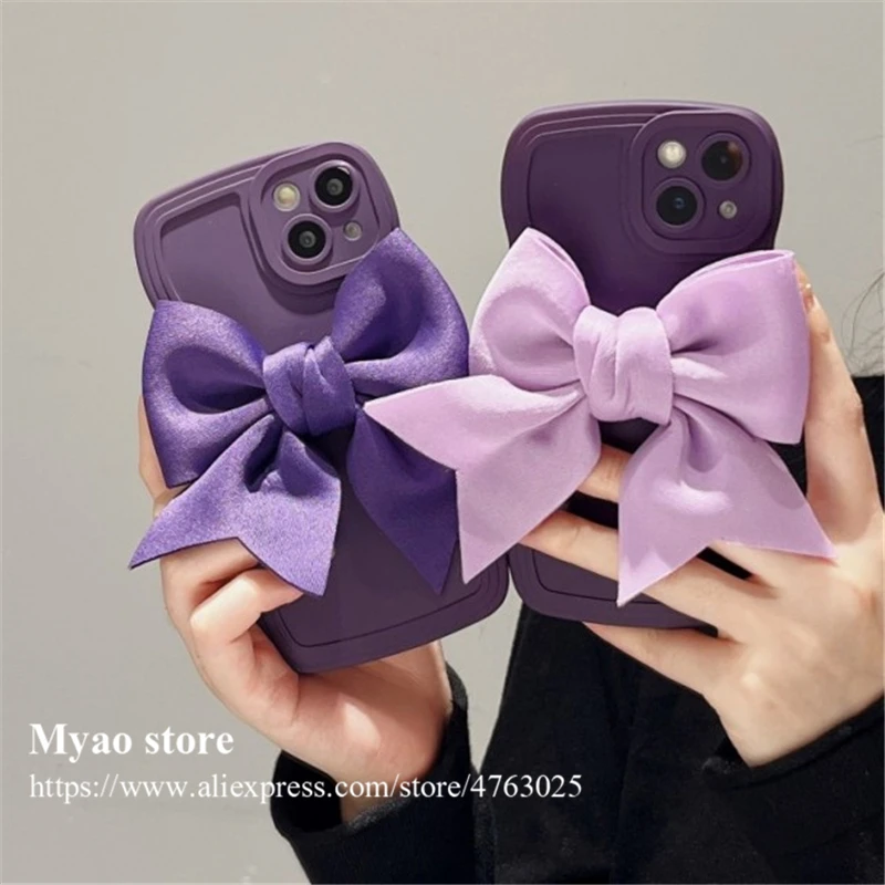 الأرجواني الداكن ثلاثية الأبعاد القوس موجة جراب هاتف آيفون 16 15 14 13 12 11 برو ماكس X XR XS لطيف غطاء الحلوى عدسة الكاميرا واقية