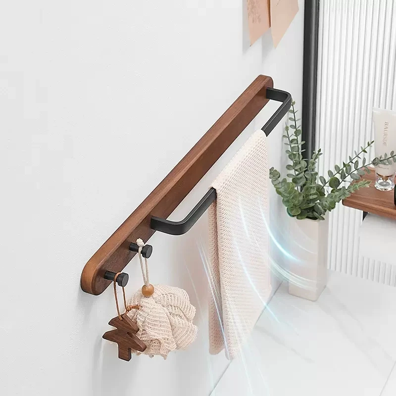 

Walnut Bathroom Towel Bar With Hook Wall-mounted Toilet Coat Hook Wood Towel Rack Black Bath Towel Rack Bathroom Accessories
