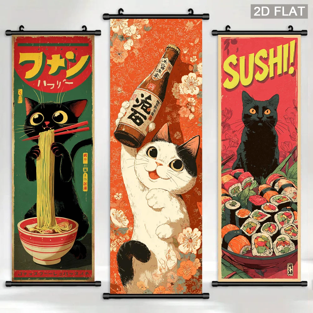 VIKAMA Retro Japanese-Style Cat Scroll Tapestry, Whimsical Cat, Ramen, and Sushi Ukiyo-e-Style Wall Art, Dining Room Wall Decor
