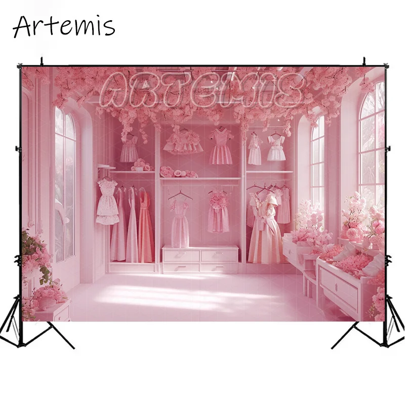 Hot Doll Pink Bedroom Photography Backdrop Princess Dress Armoire Dressing Table Baby Birthday Portrait Background Photo Studio