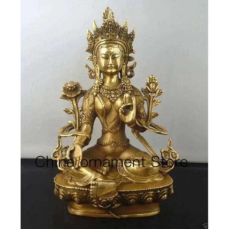 

21cm /15cm Tibetan Buddhism Copper Green Tara God Godness Kwan-yin Buddha Statue