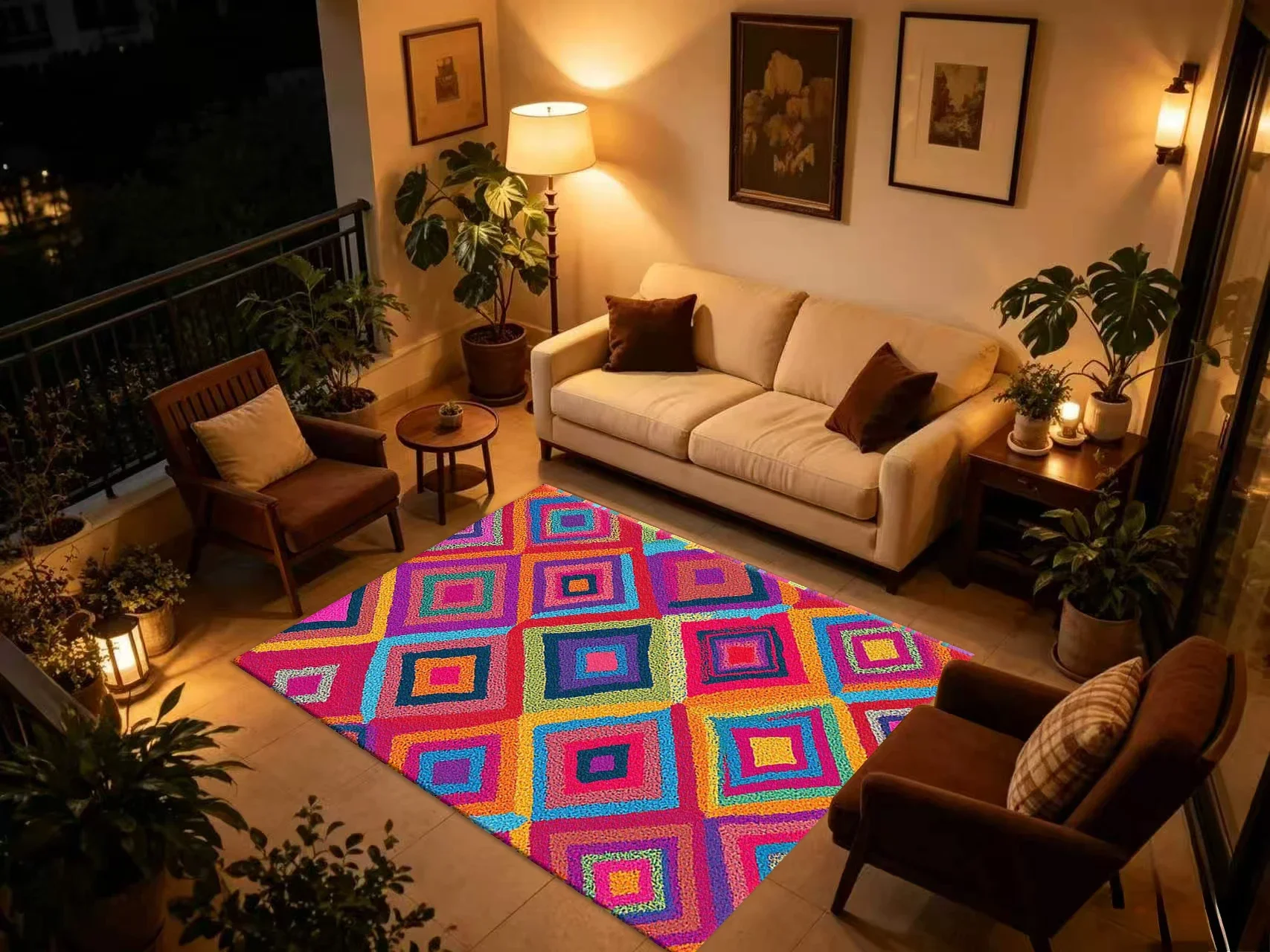 Rainbow Multicolor Diamond Geometric Carpet Flooring, Boho Ethnic Non-Slip Area Rug for Living Room Bedroom Home Floor Mat