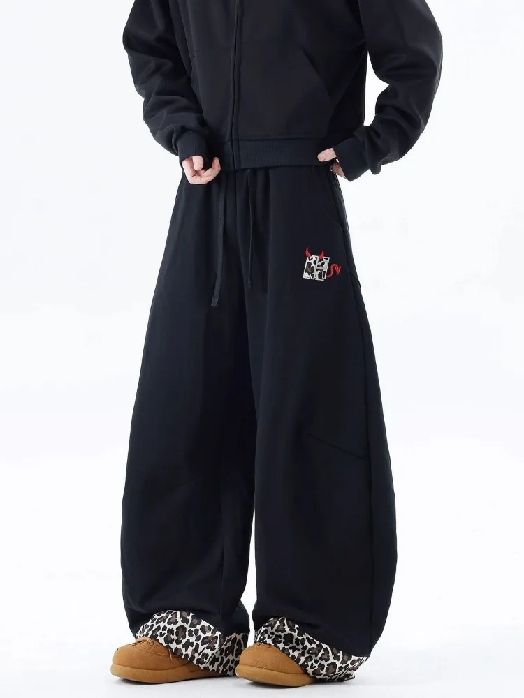 Women's Leopard Print Splicing Design Sweatpants Spring Wide Leg Trousers Vintage Cool Girl Female High Waisted Baggy Pants