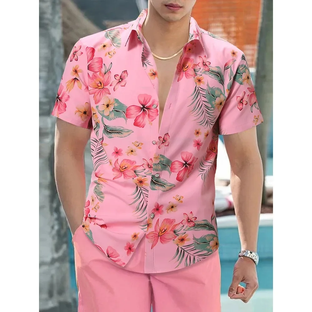 Men's Short Sleeved Pink Floral Button Up Shirts Casual Short Sleeve Button Down Shirt Beach Shirts Hawaiian Style Shirts