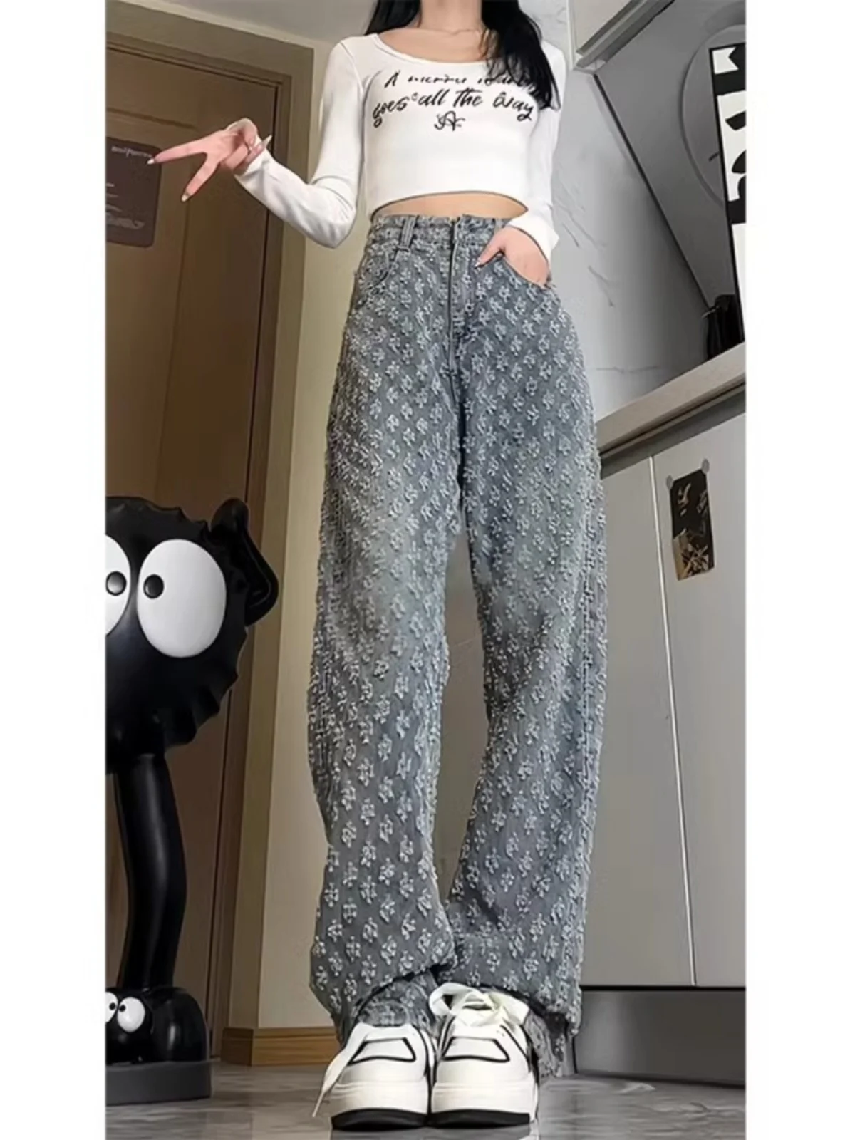 

Американские джинсы с цветочным принтом, свободные прямые брюки для мужчин, повседневные расклешенные длинные брюки, женские летние джинсы