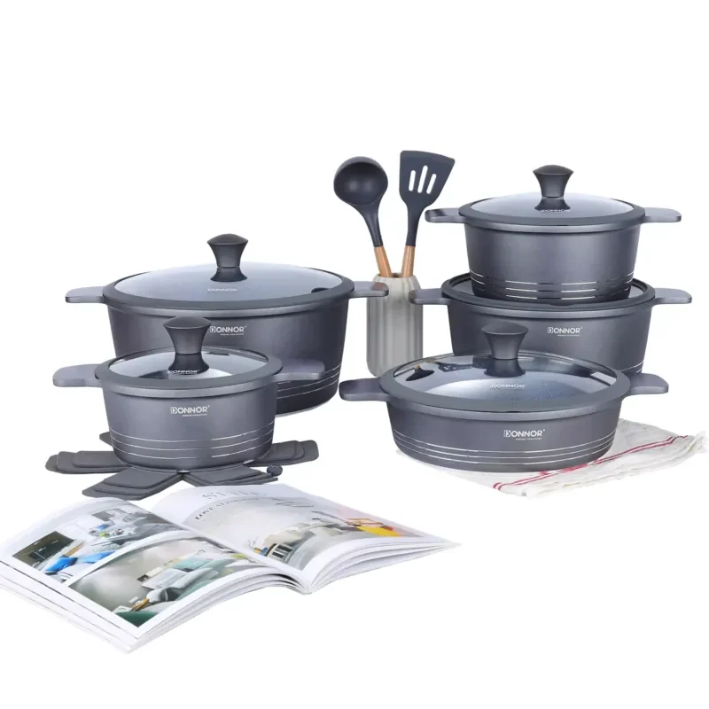 Granite Coated Non-Stick Cookware Set, Induction Compatible Pots and Pans with Glass Lids & Utensils